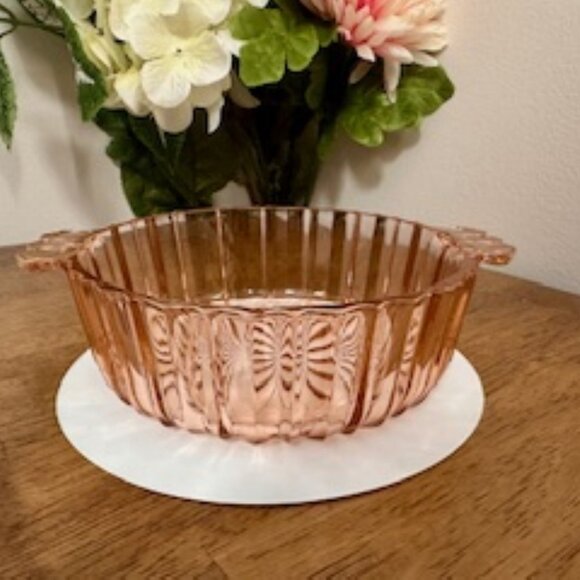 Anchor Hocking Pink Depression Glass Bowl – Vintage Handled Ribbed Dish 1930s–40 - Picture 1 of 6